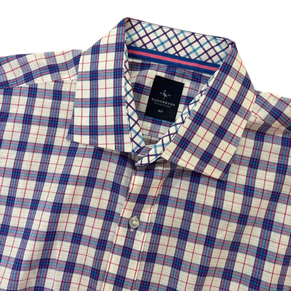 TAILORBYRD Mens XLT Short Sleeve Button Down Blue Pink Plaid Cotton Shirt